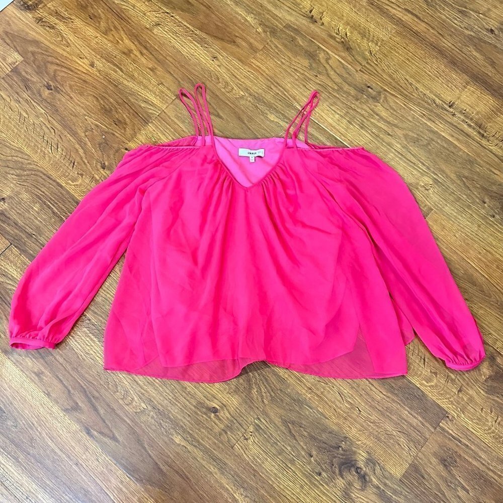 Likely cold shoulder hot Barbie pink sheer top